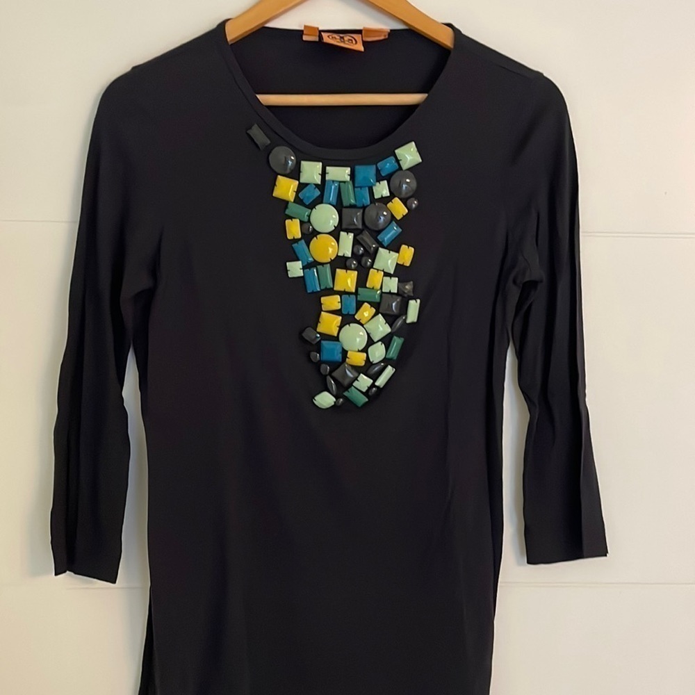 Tory Burch Razi Beaded Navy 3/4 Sleeves Stretchy Embellished Top Career Office S